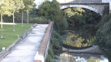 de mooi en vredig loopbrug door de rivier in leiria, Portugal Aan een helder zonnig dag - dichtbij omhoog video