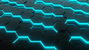 Seamless looping black hexagon shape with blue neon lighting background. Abstract and technology concept. video