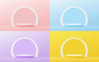 Set podium 3d mockup pink, blue, purple and yellow pastel color design. Vector illustration. Eps10