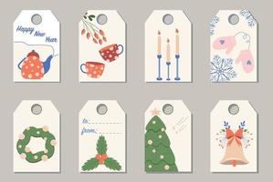 Set of holiday tags on gift boxes, suitcases, gifts, address labels. Vector labels with Christmas tree, Christmas bell, teapot with cups, Christmas wreath, candles and mittens, and room for text.