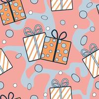 Festive pattern with gifts. Seamless vector illustration. On a two-tone background. Blue and pink. Christmas, Valentine's Day, birthday. gift boxes. For wrapping paper, card, web, fabric