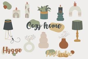 Cozy home decor set, hygge aesthetic home objects. Candles, lamps, flowers, vases and lettering. Hand drawn autumn home cozy elements in Scandinavian style. vector