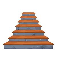 Stone fairy stairs with wooden decor, medieval ancient architecture in cartoon style isolated on white background with cracks, broken elements. Game asset,design element. Vector illustration