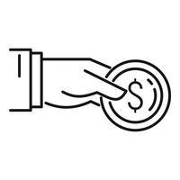 Hand dollar coin icon, outline style vector