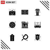 Set of 9 Vector Solid Glyphs on Grid for router gear farming website browser web Editable Vector Design Elements