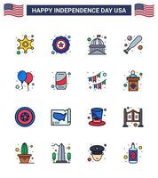 4th July USA Happy Independence Day Icon Symbols Group of 16 Modern Flat Filled Lines of day balloons house hardball baseball Editable USA Day Vector Design Elements