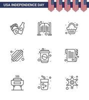 4th July USA Happy Independence Day Icon Symbols Group of 9 Modern Lines of drink bottle cake states american Editable USA Day Vector Design Elements