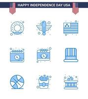 Set of 9 Modern Blues pack on USA Independence Day american hat country day calendar Editable USA Day Vector Design Elements
