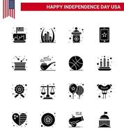 16 USA Solid Glyph Pack of Independence Day Signs and Symbols of ireland phone landmark mobile stage Editable USA Day Vector Design Elements