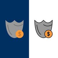 protector de seguridad seguro seguridad dólar iconos planos y llenos de línea conjunto de iconos vector fondo azul