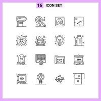 Pack of 16 Modern Outlines Signs and Symbols for Web Print Media such as setting gear medical sun gallery Editable Vector Design Elements