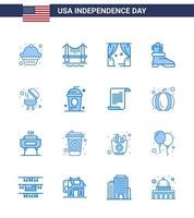 USA Happy Independence DayPictogram Set of 16 Simple Blues of cake bbq leisure barbecue boot Editable USA Day Vector Design Elements