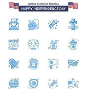 Happy Independence Day 4th July Set of 16 Blues American Pictograph of justice church chat bubble cross holiday Editable USA Day Vector Design Elements