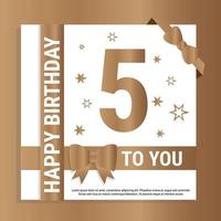 Happy 5th Birthday. Gold numerals and glittering gold ribbons. Festive background. Decoration for party event, greeting card and invitation, design template for birthday celebration. Eps10 Vector