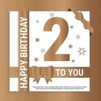 Happy 2nd Birthday. Gold numerals and glittering gold ribbons. Festive background. Decoration for party event, greeting card and invitation, design template for birthday celebration. Eps10 Vector