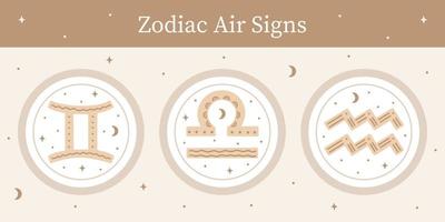 Set of hand drawn ornate zodiac air signs. gemini, libra, aquarius vector horoscope symbols. Astrological zodiac stickers