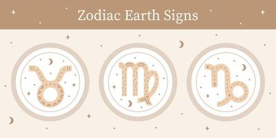 conjunto de signos de tierra del zodiaco ornamentados dibujados a mano. tauro, virgo, símbolos vectoriales capricornio. zodiaco astrológico pegatinas