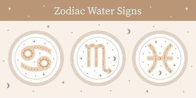 conjunto de signos de agua del zodiaco ornamentados dibujados a mano. piscis, escorpio, símbolos vectoriales de cáncer. zodiaco astrológico pegatinas vector