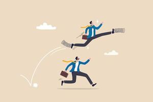 Competitive advantage to win business competition, success strategy, innovation, work efficiency or career promotion, effort or skill concept, businessman with spring shoes leap fast over competitor. vector