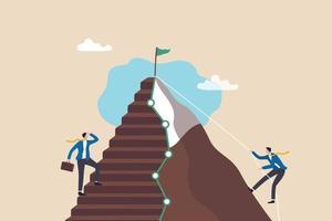 Easy and hard way to success, journey to achieve target or mission accomplish, choosing path to succeed, way to reach business goal concept, businessmen compete easy and hard way to climb mountain. vector