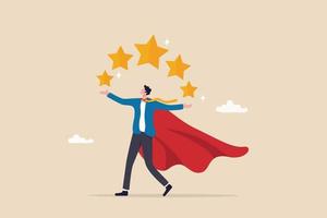 5 stars expert, excellence or great service, quality and good reputation professional, award winning or best rating concept, businessman superhero carrying big golden customer 5 stars rating feedback. vector
