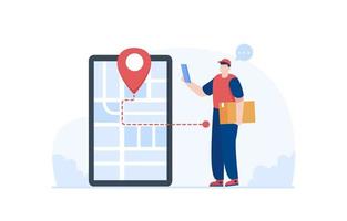 Parcel delivery staff checking the delivery location. Tracking online delivery using mobile. Illustration vector