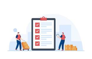 trabajador de almacén o trabajador de mensajería revisa el servicio de entrega de mercancías. la gestión del inventario. ilustración