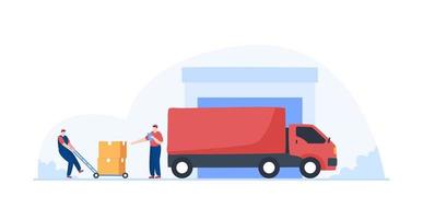 Delivery truck service. Warehouse workers moving boxes.  Illustration vector