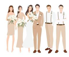 hermosa bohemia casual novia y novio pareja de novios con dama de honor y padrino de boda estilo plano de dibujos animados vector