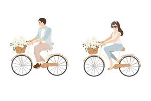 Hermosa joven pareja de novios recién casados andar en bicicleta aislado vector