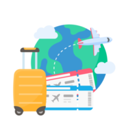 o mapa do mundo é fixado para planejar viagens de companhias aéreas internacionais. com bagagem e passagens aéreas png