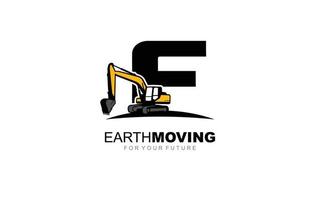 F logo excavator for construction company. Heavy equipment template vector illustration for your brand.