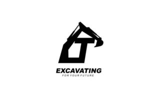 T logo excavator for construction company. Heavy equipment template vector illustration for your brand.