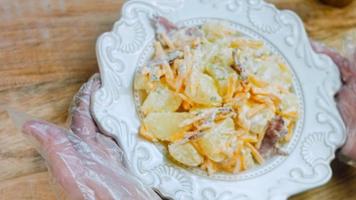 Jalapeno pepper, potato salad with bacon. Food in the retro style of the 20s video