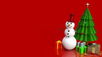 The snowman and Christmas tree on red background 3d rendering photo