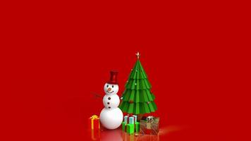 el muñeco de nieve y el árbol de navidad sobre fondo rojo renderizado 3d foto