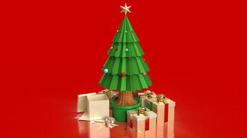 The Christmas tree and gift box on red background for holiday concept 3d rendering photo