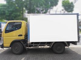 side of shipper box in truck car with blank billboard mockup, blank ad poster template, information banner placeholder mock up photo