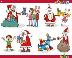 cartoon Santa Clauses giving Christmas gifts to children vector