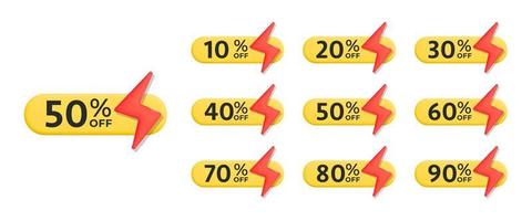 3d vector yellow sale tag round label badges template with different percent symbol and red bolt flash symbol design element