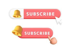 3d vector set of red subscribe button with bell reminder symbol and hand or mouse cursor pointer clicking on it design