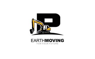 P logo excavator for construction company. Heavy equipment template vector illustration for your brand.