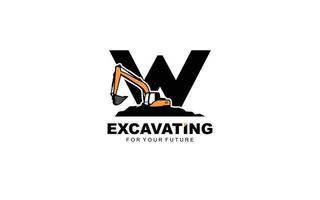 W logo excavator for construction company. Heavy equipment template vector illustration for your brand.