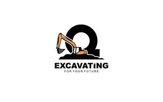 Q logo excavator for construction company. Heavy equipment template vector illustration for your brand.