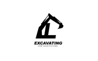 L logo excavator for construction company. Heavy equipment template vector illustration for your brand.