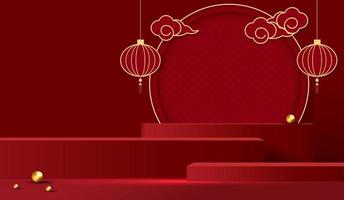 Podium stage chinese style for chinese new year and festivals or mid autumn festival with red background. mock up stage with festive lanterns and clouds. vector design.