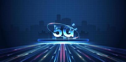 Tecnología 5g con computadora y línea de conexión de red móvil entre edificios. conectividad y sistemas de redes globales e Internet de las cosas concepto. diseño vectorial vector