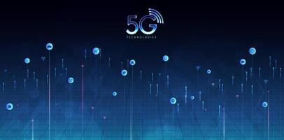 Tecnología 5g con línea de conexión de red informática entre edificios. conectividad y sistemas de redes globales e Internet de las cosas concepto. diseño vectorial vector