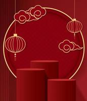 Podium stage chinese style for chinese new year and festivals or mid autumn festival with red background. mock up stage with festive lanterns and clouds. vector design.