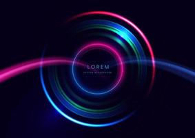 Abstract technology futuristic neon circle glowing blue, green and red light lines with speed motion blur effect on dark blue background. vector